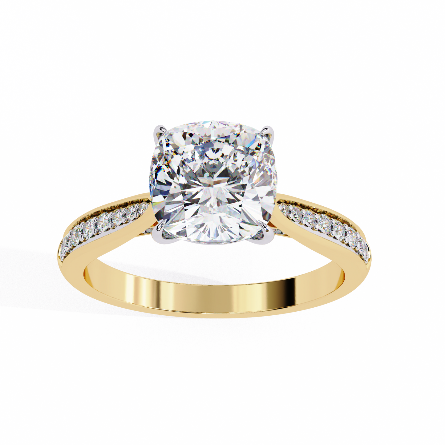 1.34 carat cushion cut hidden halo diamond engagement ring with round side stones – elegant bridal jewelry