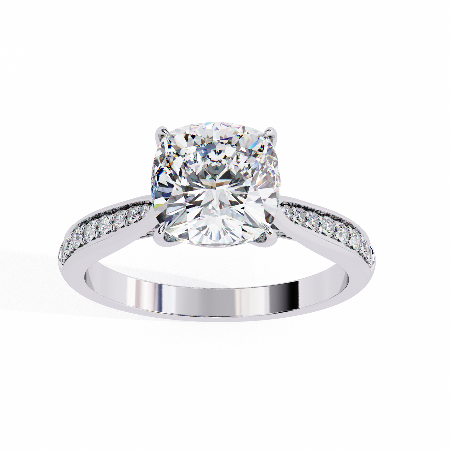1.34 carat cushion cut hidden halo diamond engagement ring with round side stones – elegant bridal jewelry