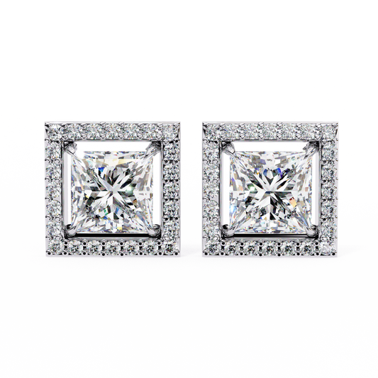 1.70 Carat Princess Cut Halo Diamond Stud Earrings - Everyday Fine Jewelry