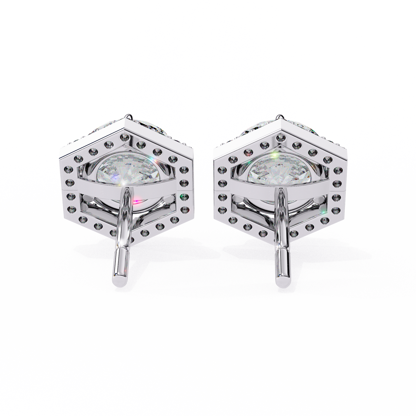 2.10 carat round cut halo diamond stud earrings with hexa frame - everyday fine jewelry