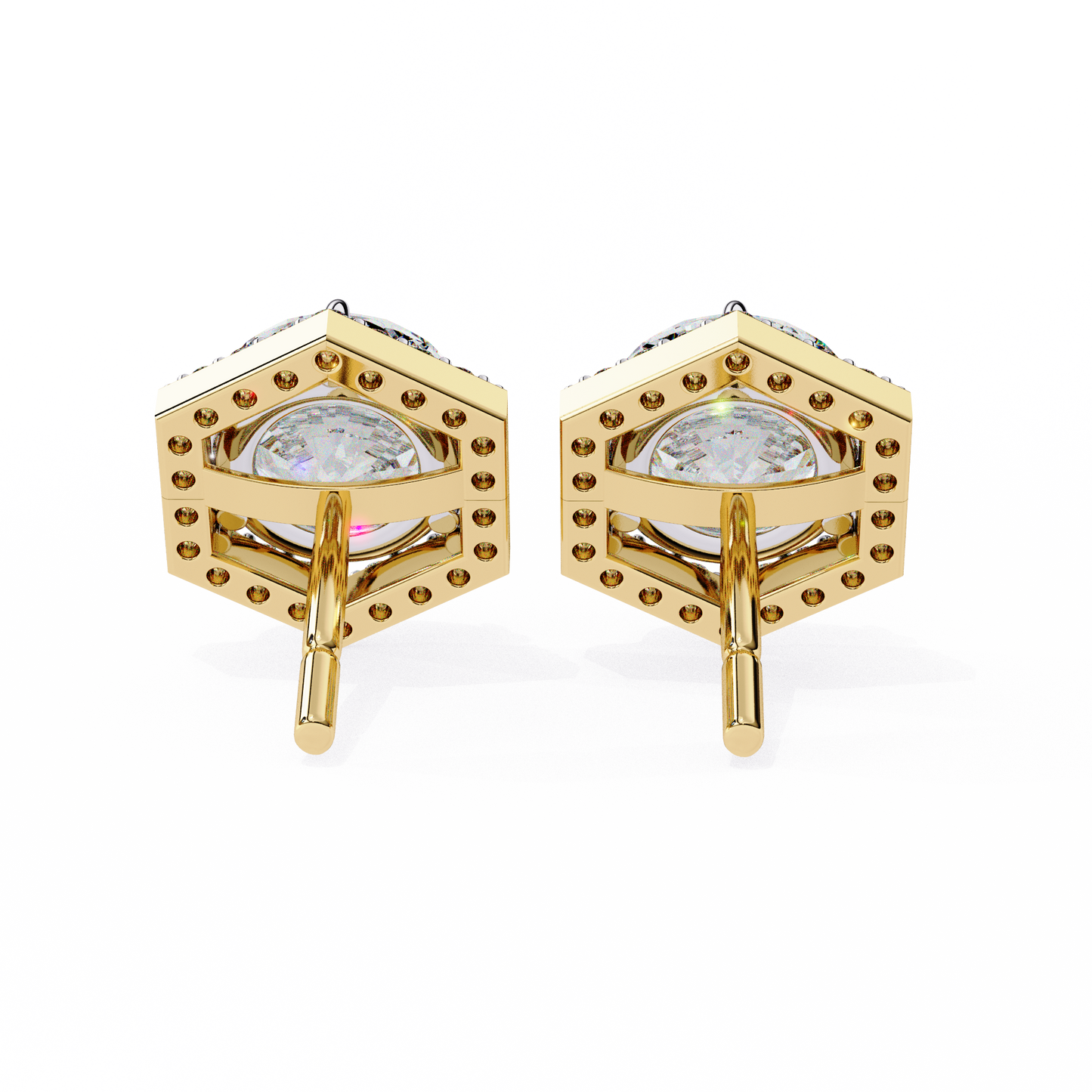 2.10 carat round cut halo diamond stud earrings with hexa frame - everyday fine jewelry