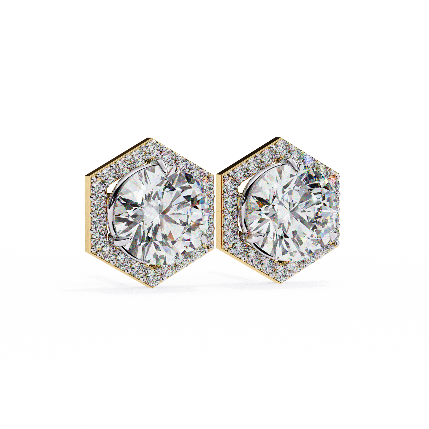 2.10 carat round cut halo diamond stud earrings with hexa frame - everyday fine jewelry