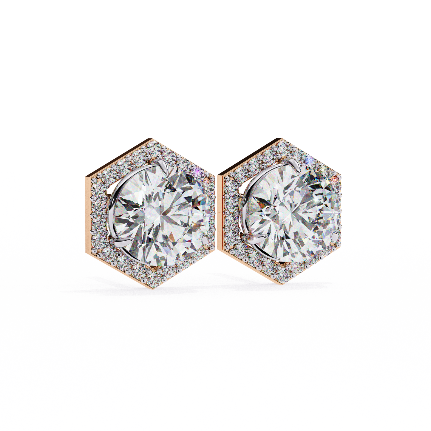 2.10 carat round cut halo diamond stud earrings with hexa frame - everyday fine jewelry