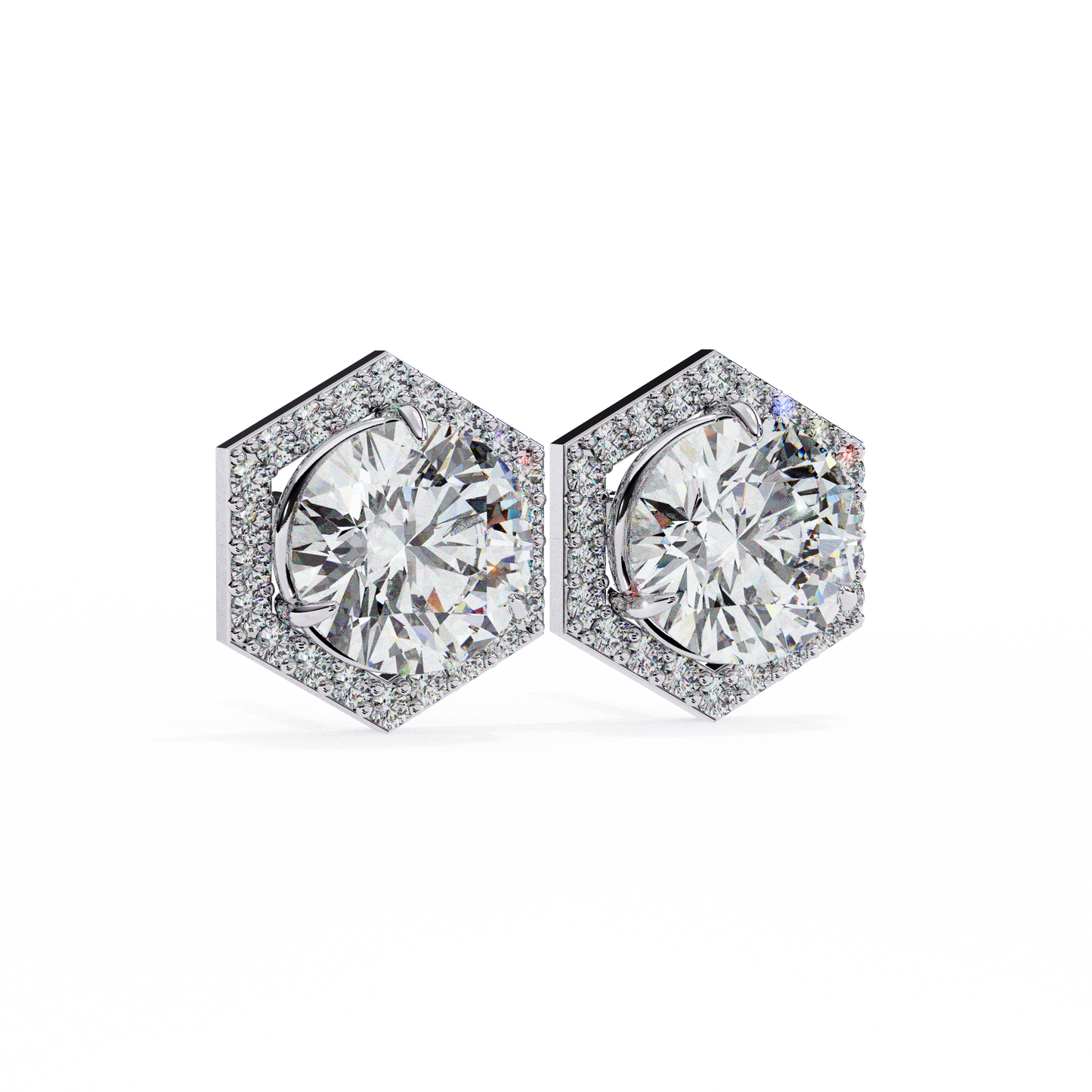 2.10 carat round cut halo diamond stud earrings with hexa frame - everyday fine jewelry