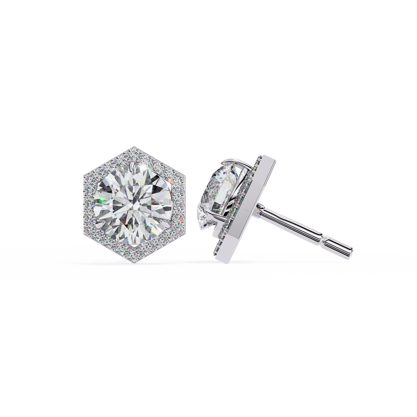 2.10 carat round cut halo diamond stud earrings with hexa frame - everyday fine jewelry