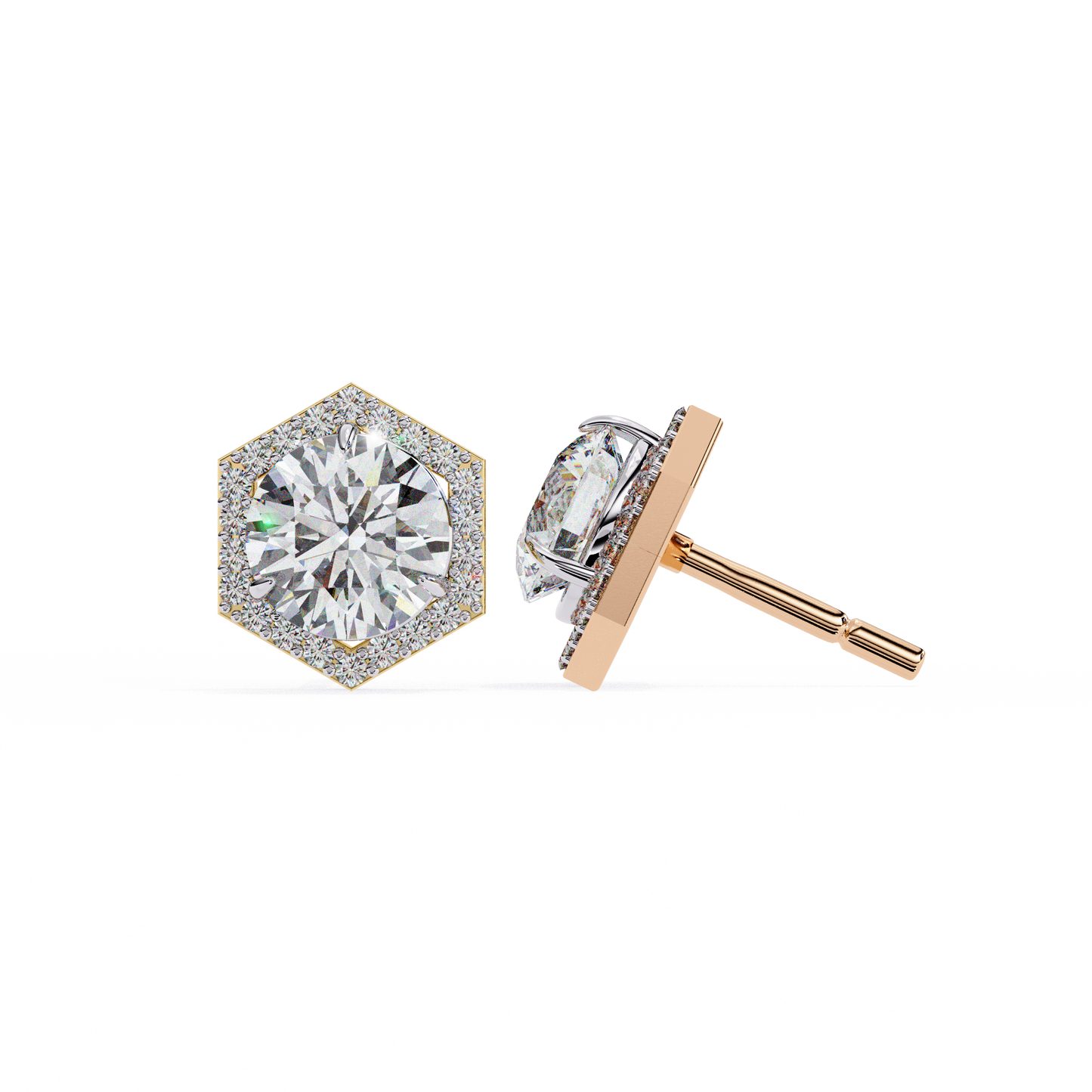 2.10 carat round cut halo diamond stud earrings with hexa frame - everyday fine jewelry