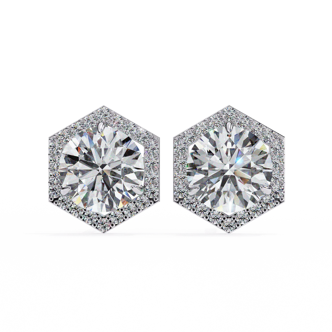 2.10 carat round cut halo diamond stud earrings with hexa frame - everyday fine jewelry