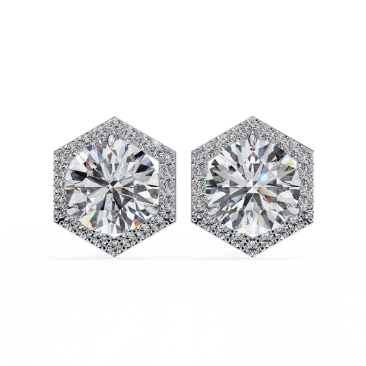 2.10 Carat Round Cut Halo Diamond Stud Earrings With Hexa Frame - Everyday Fine Jewelry