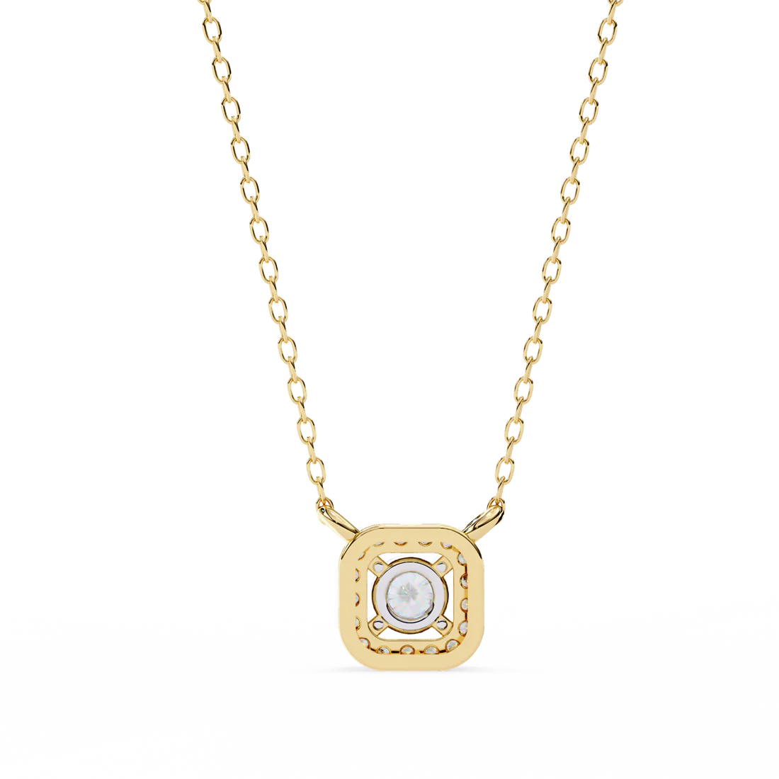 round brilliant cut diamond halo pendant with cushion frame - elegant designer jewelry