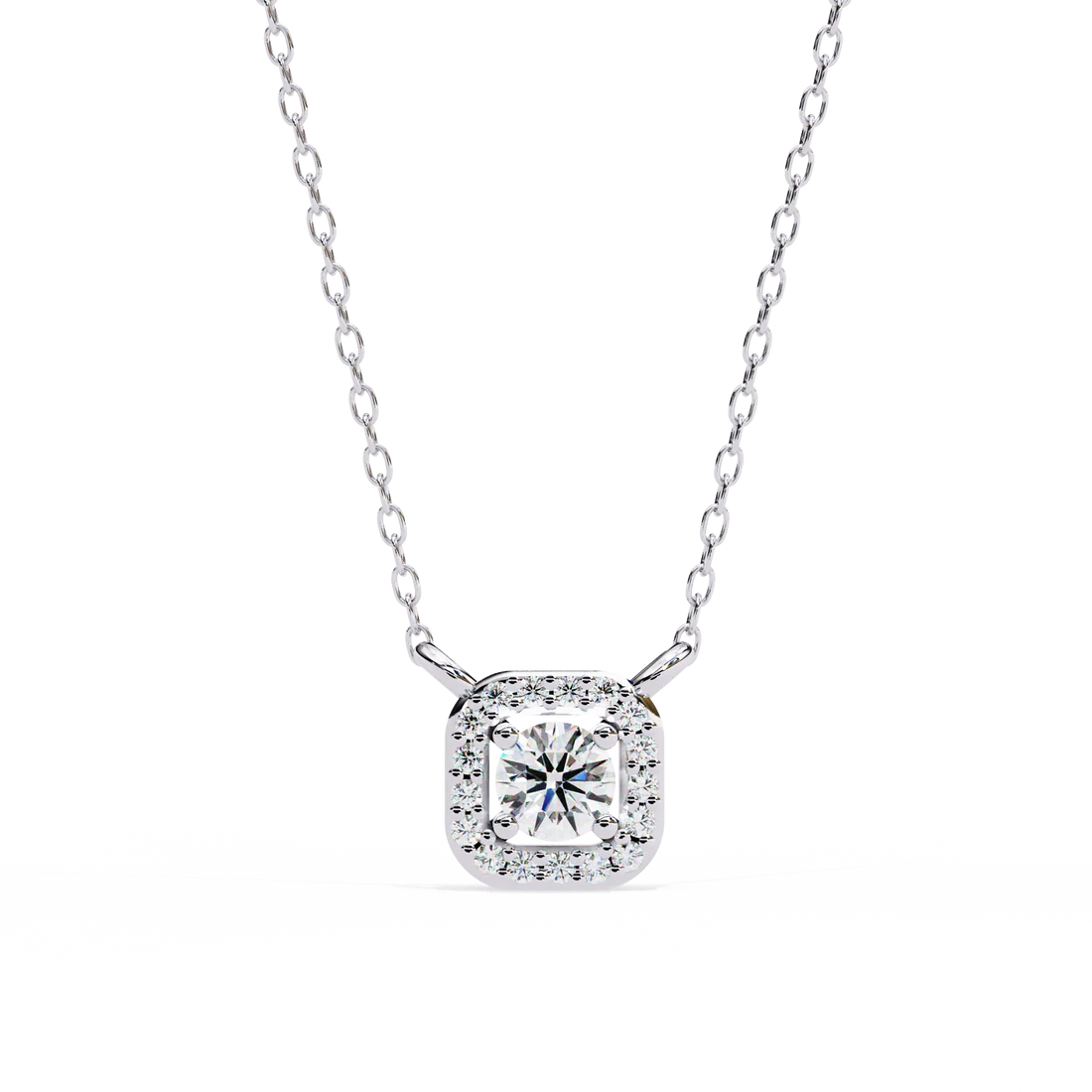 round brilliant cut diamond halo pendant with cushion frame - elegant designer jewelry