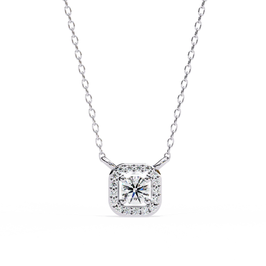 Round Brilliant Cut Diamond Halo Pendant with Cushion Frame - Elegant Designer Jewelry