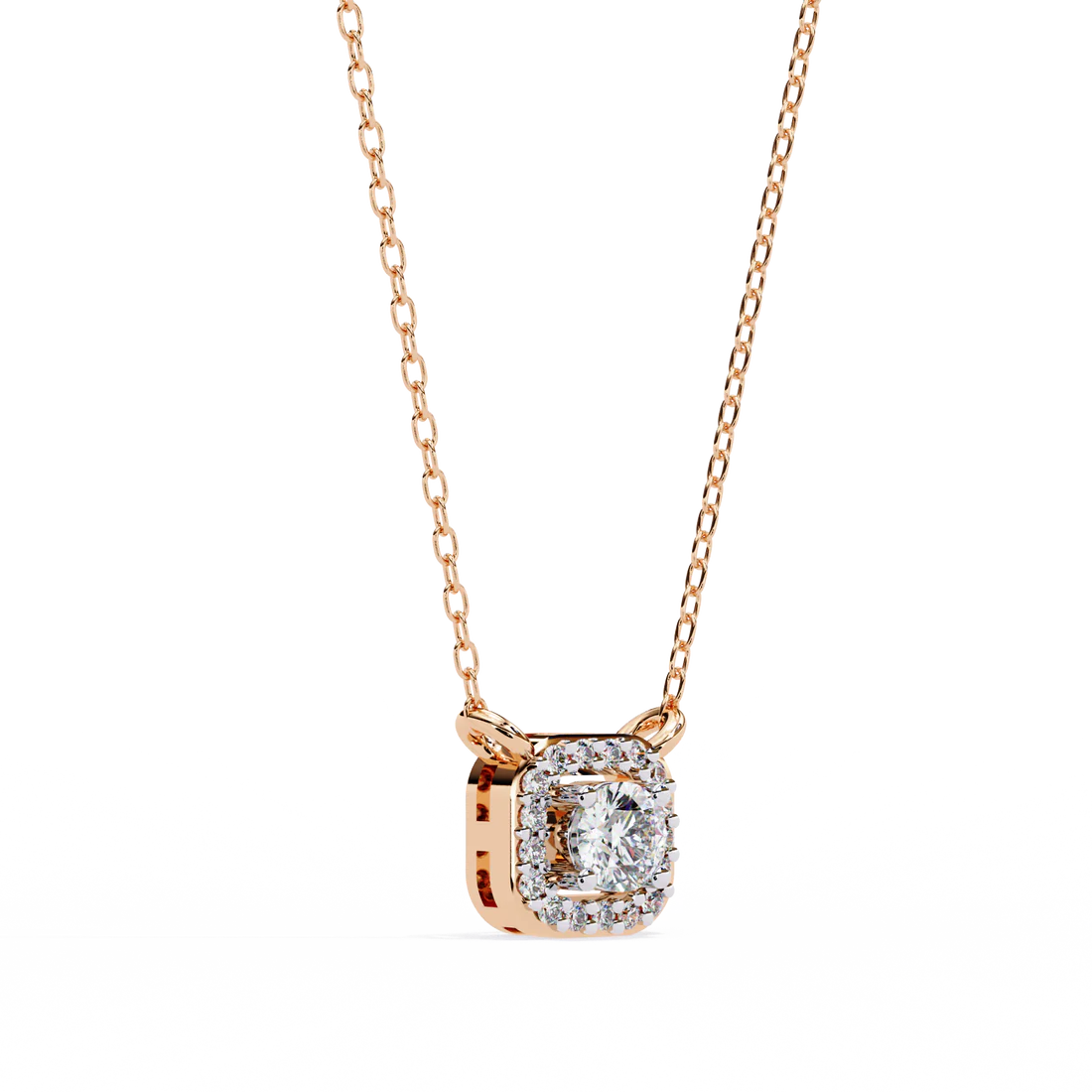 round brilliant cut diamond halo pendant with cushion frame - elegant designer jewelry
