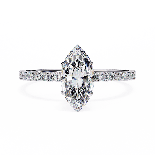 1.36 Carat Marquise Cut Hidden Halo Diamond Engagement Ring with Round Side Stones – Elegant Bridal Ring