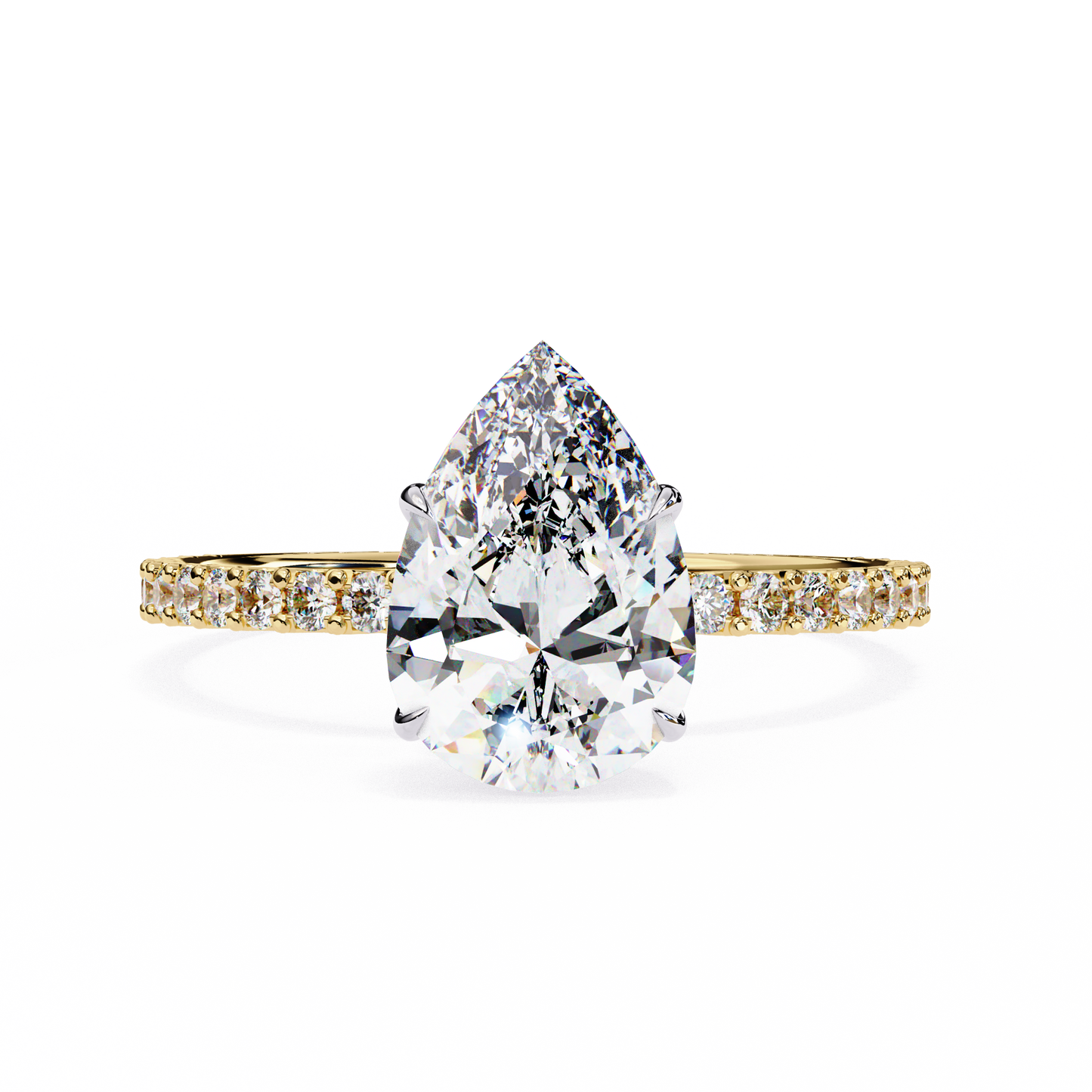 1.36 carat pear cut hidden halo diamond engagement ring with round side stones โ elegant bridal ring