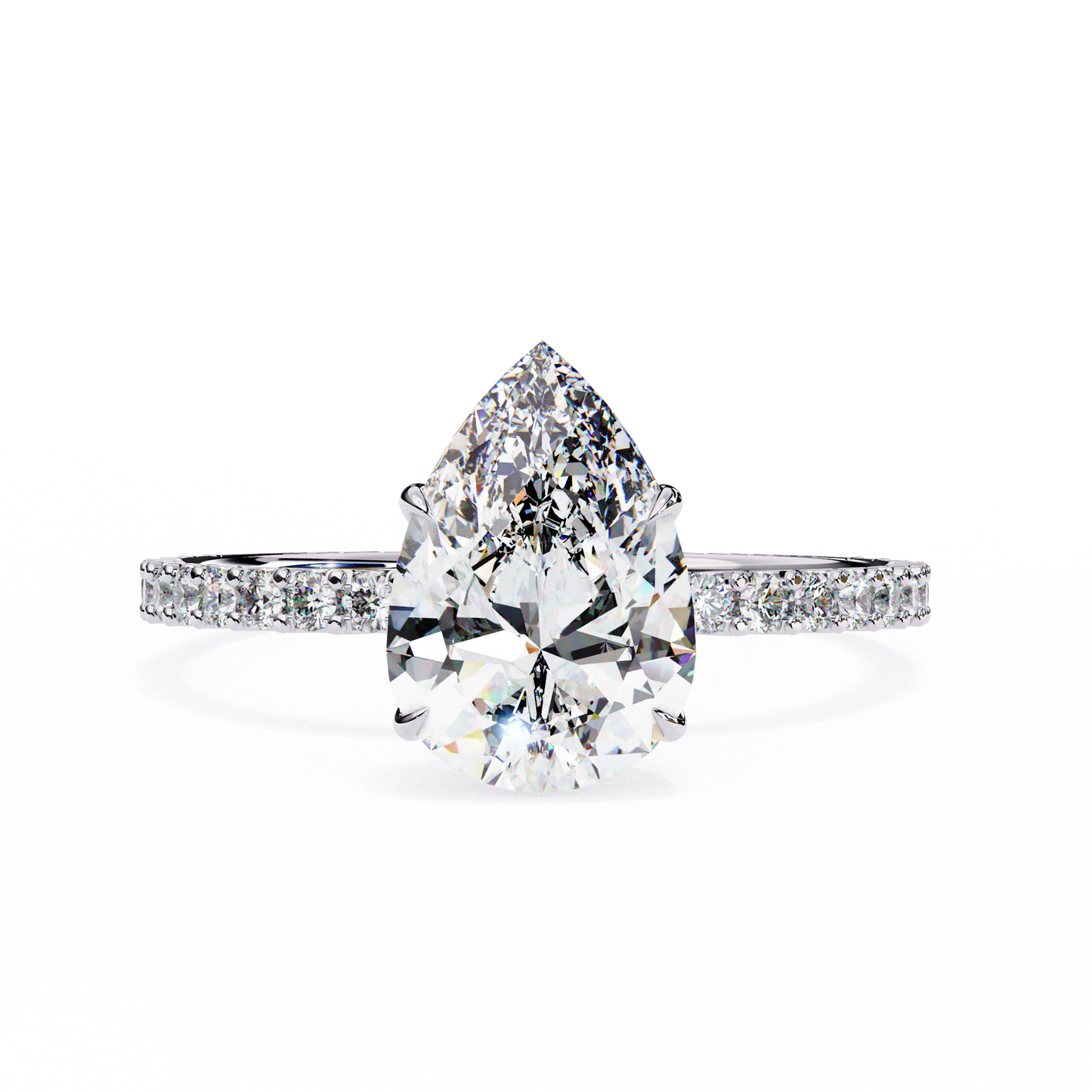 1.36 carat pear cut hidden halo diamond engagement ring with round side stones โ elegant bridal ring