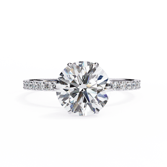 1.36 Carat Round Cut Hidden Halo Diamond Engagement Ring with Round Side Stones – Elegant Bridal Ring