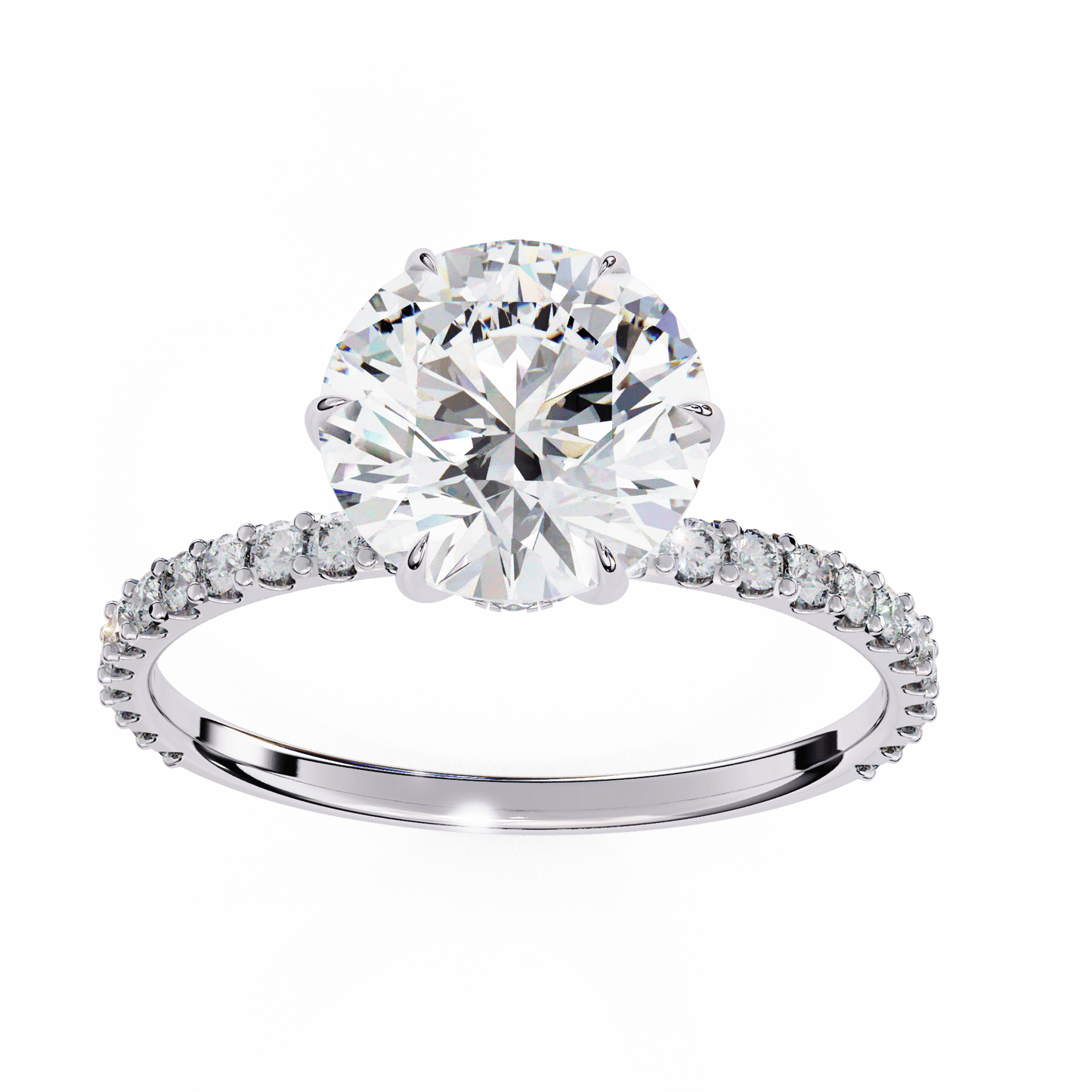 1.36 carat round cut hidden halo diamond engagement ring with round side stones โ elegant bridal ring