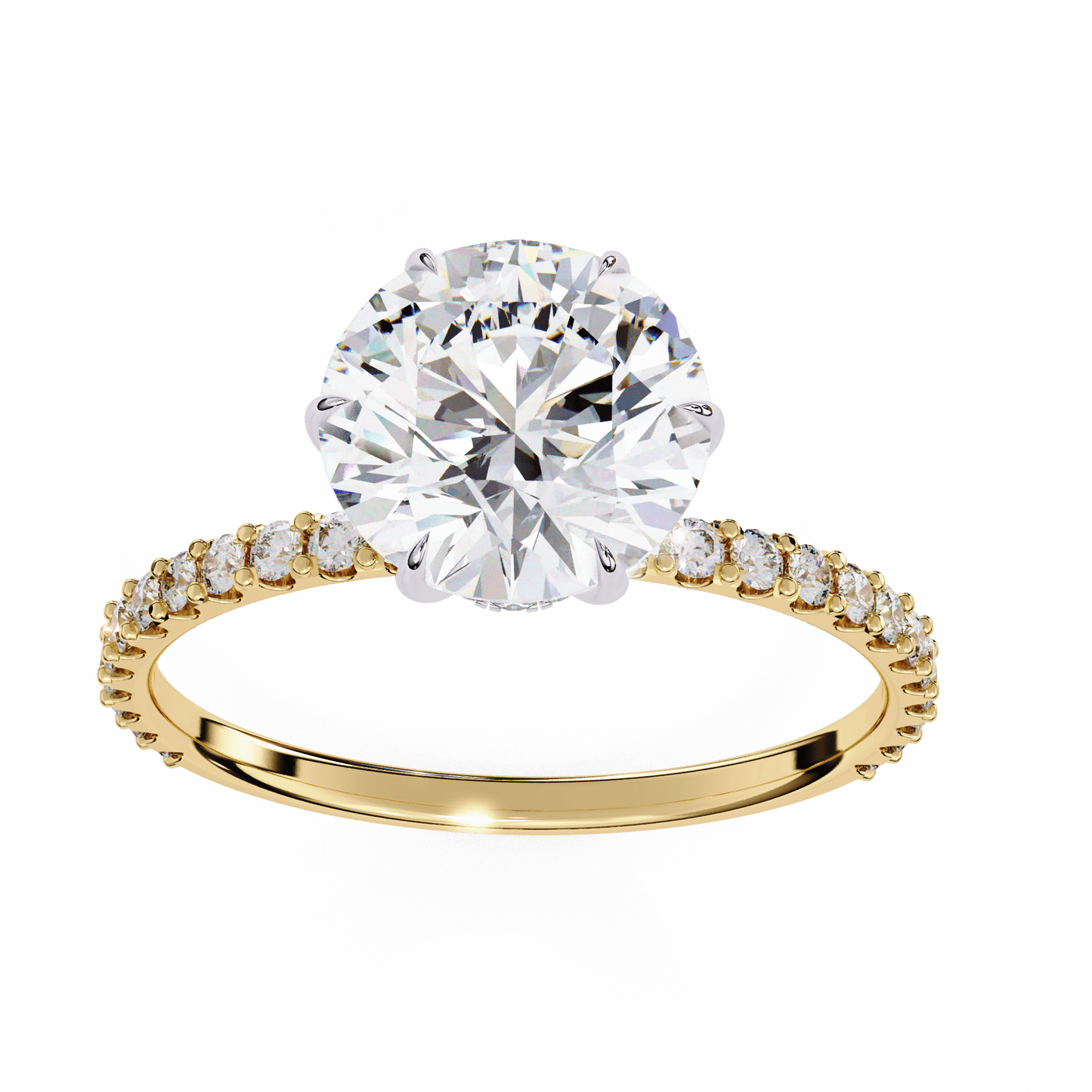 1.36 carat round cut hidden halo diamond engagement ring with round side stones โ elegant bridal ring