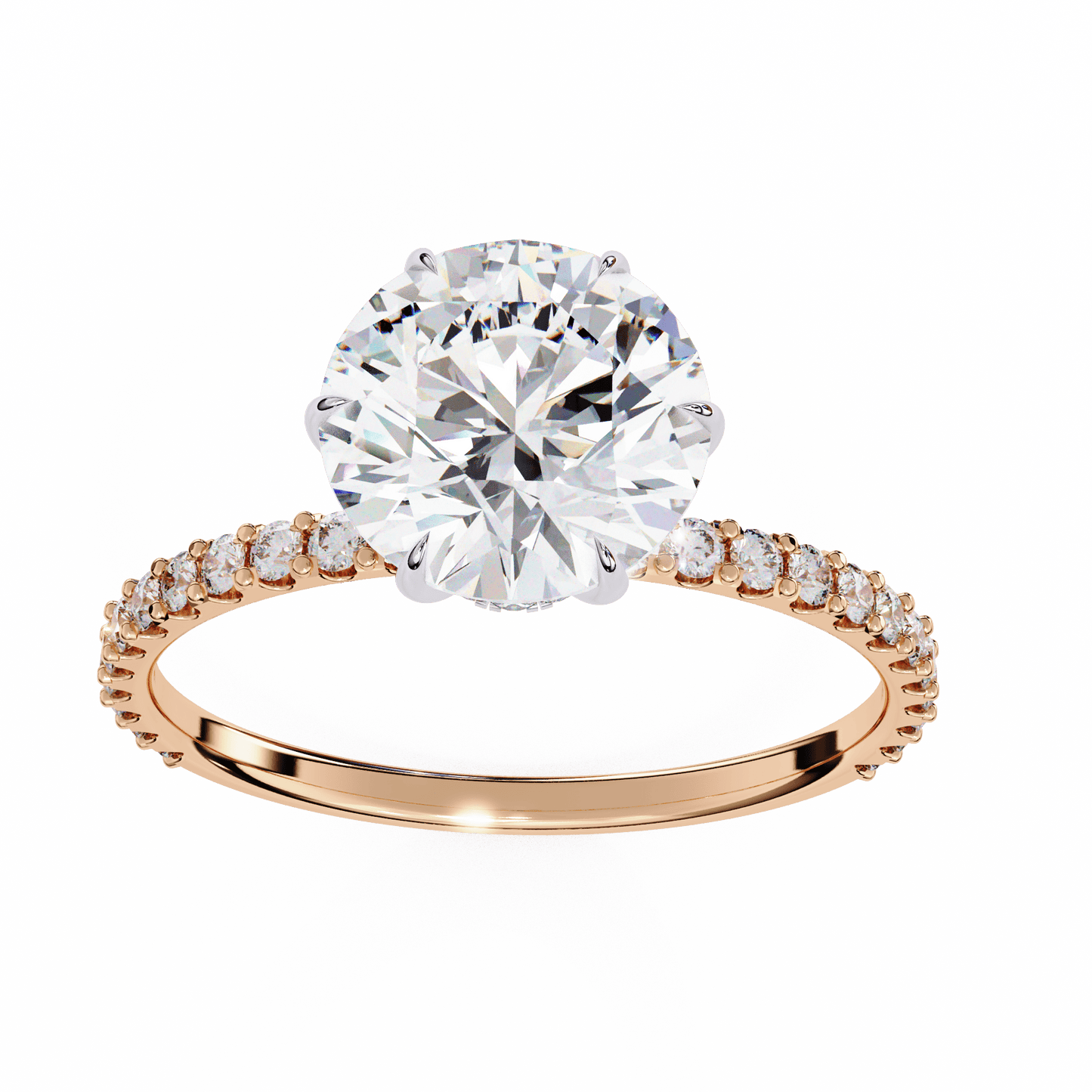 1.36 carat round cut hidden halo diamond engagement ring with round side stones โ elegant bridal ring