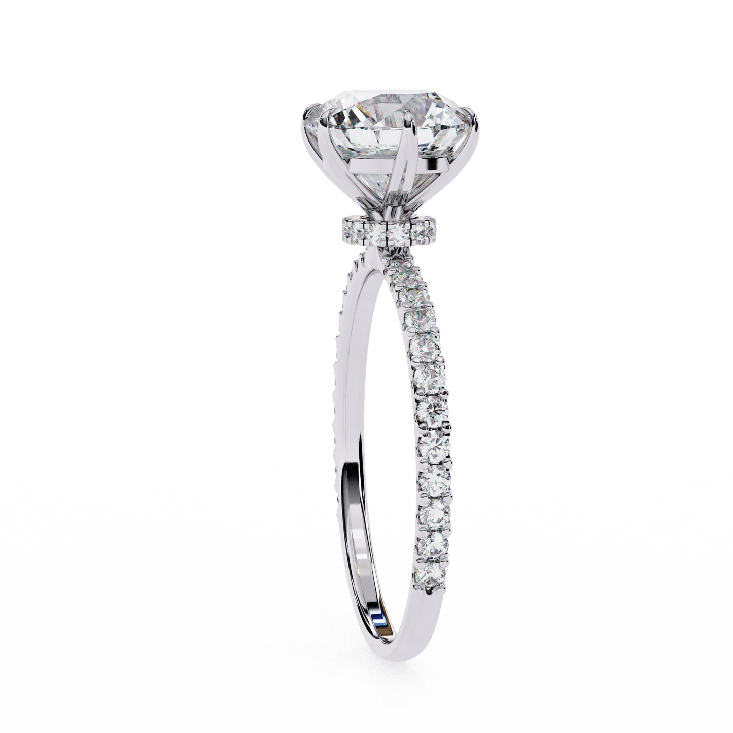 1.36 carat round cut hidden halo diamond engagement ring with round side stones โ elegant bridal ring