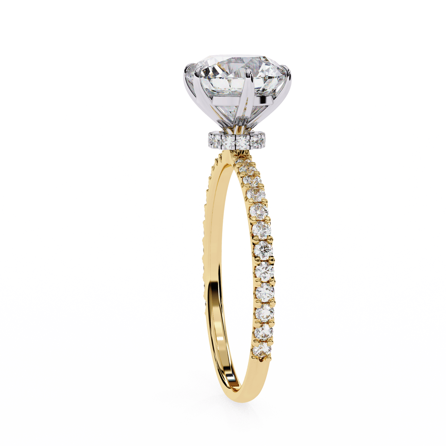1.36 carat round cut hidden halo diamond engagement ring with round side stones โ elegant bridal ring