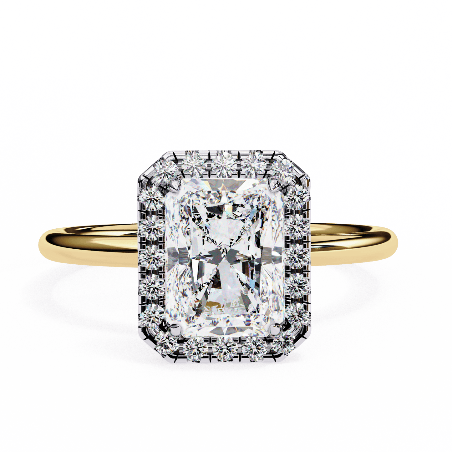 1.20 carat radiant cut halo diamond engagement ring with round side stones โ elegant bridal jewelry