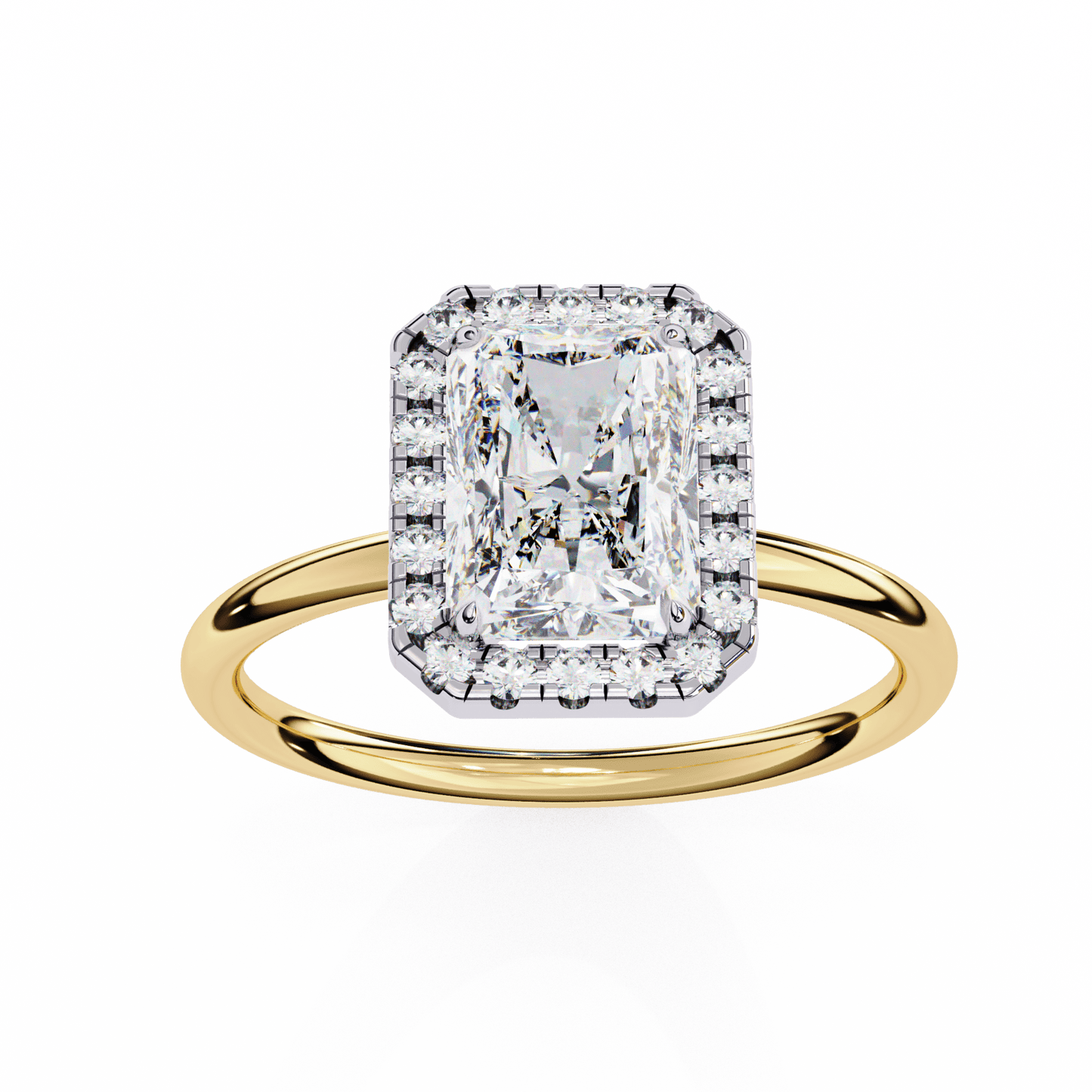 1.20 carat radiant cut halo diamond engagement ring with round side stones โ elegant bridal jewelry