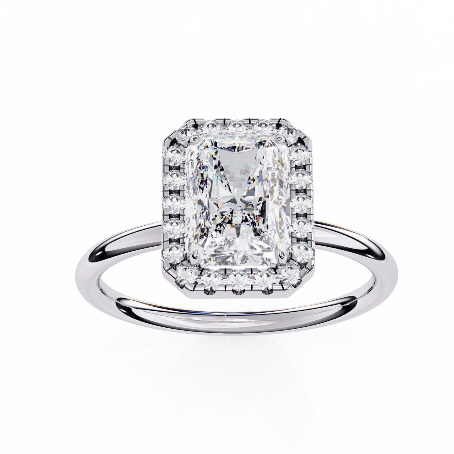 1.20 carat radiant cut halo diamond engagement ring with round side stones โ elegant bridal jewelry