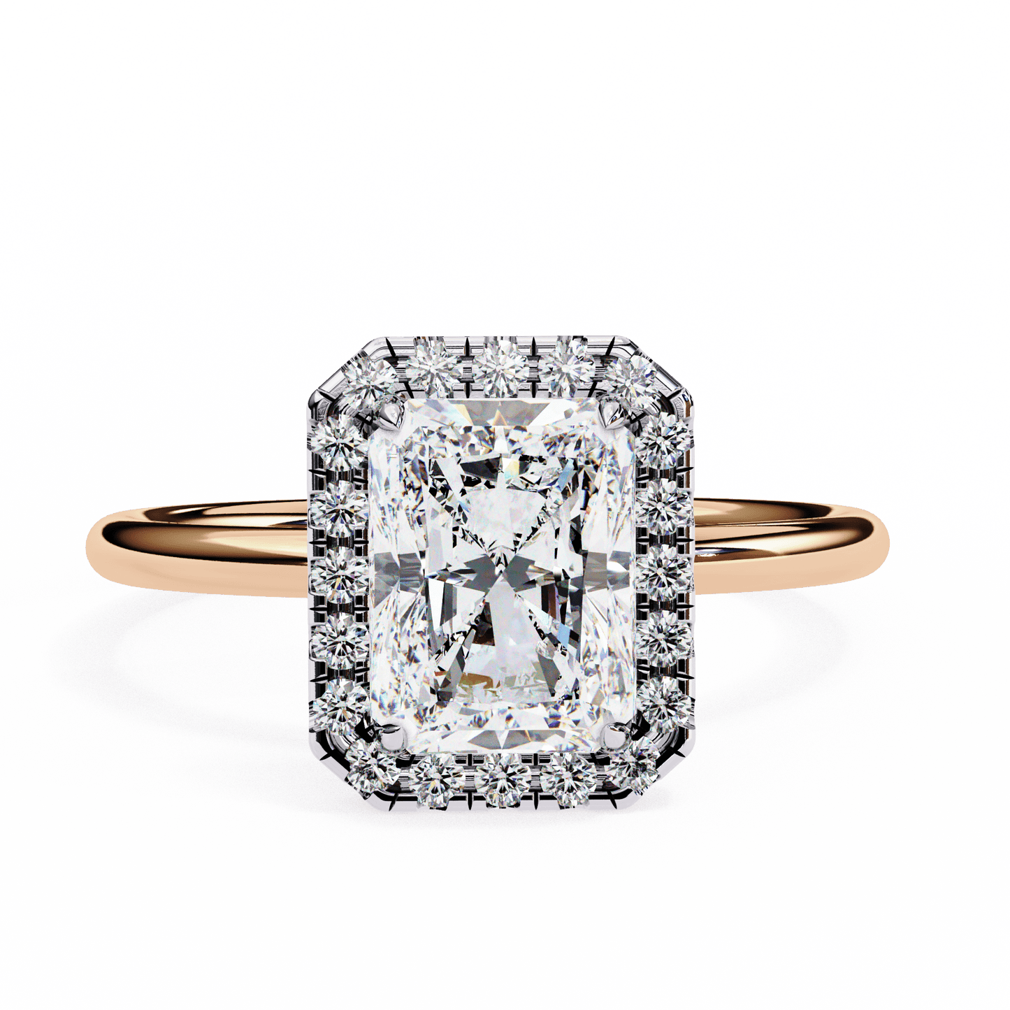 1.20 carat radiant cut halo diamond engagement ring with round side stones โ elegant bridal jewelry