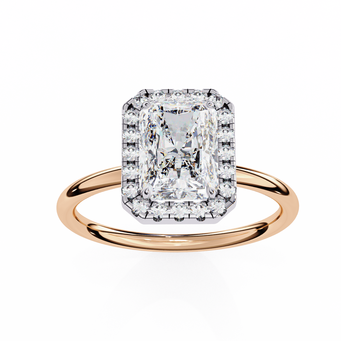 1.20 carat radiant cut halo diamond engagement ring with round side stones โ elegant bridal jewelry