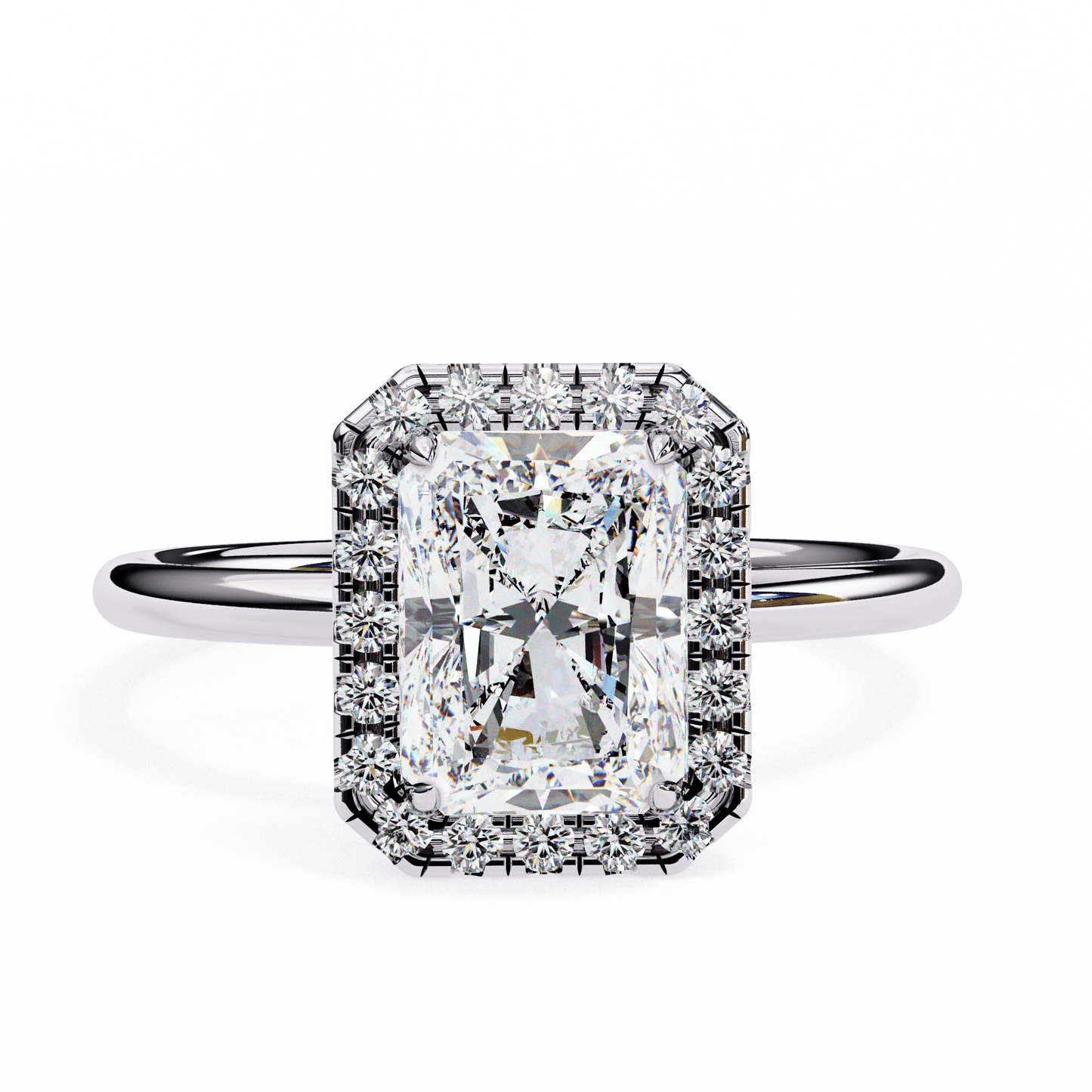 1.20 carat radiant cut halo diamond engagement ring with round side stones โ elegant bridal jewelry