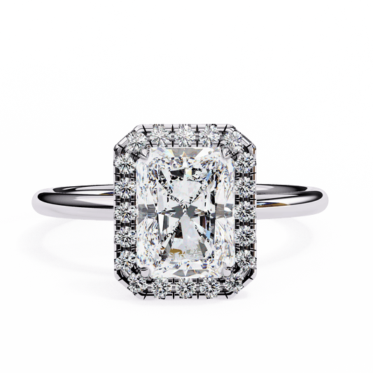1.20 Carat Radiant Cut Halo Diamond Engagement Ring with Round Side Stones – Elegant Bridal Jewelry