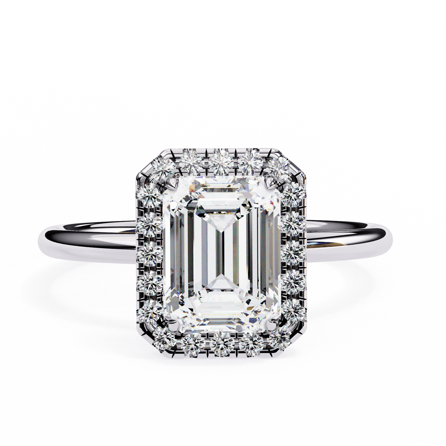 1.20 carat emerald cut halo diamond engagement ring with round side stones โ elegant bridal jewelry