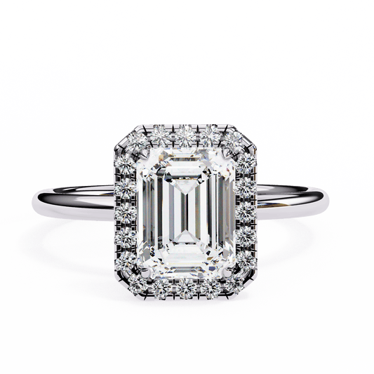1.20 Carat Emerald Cut Halo Diamond Engagement Ring with Round Side Stones – Elegant Bridal Jewelry