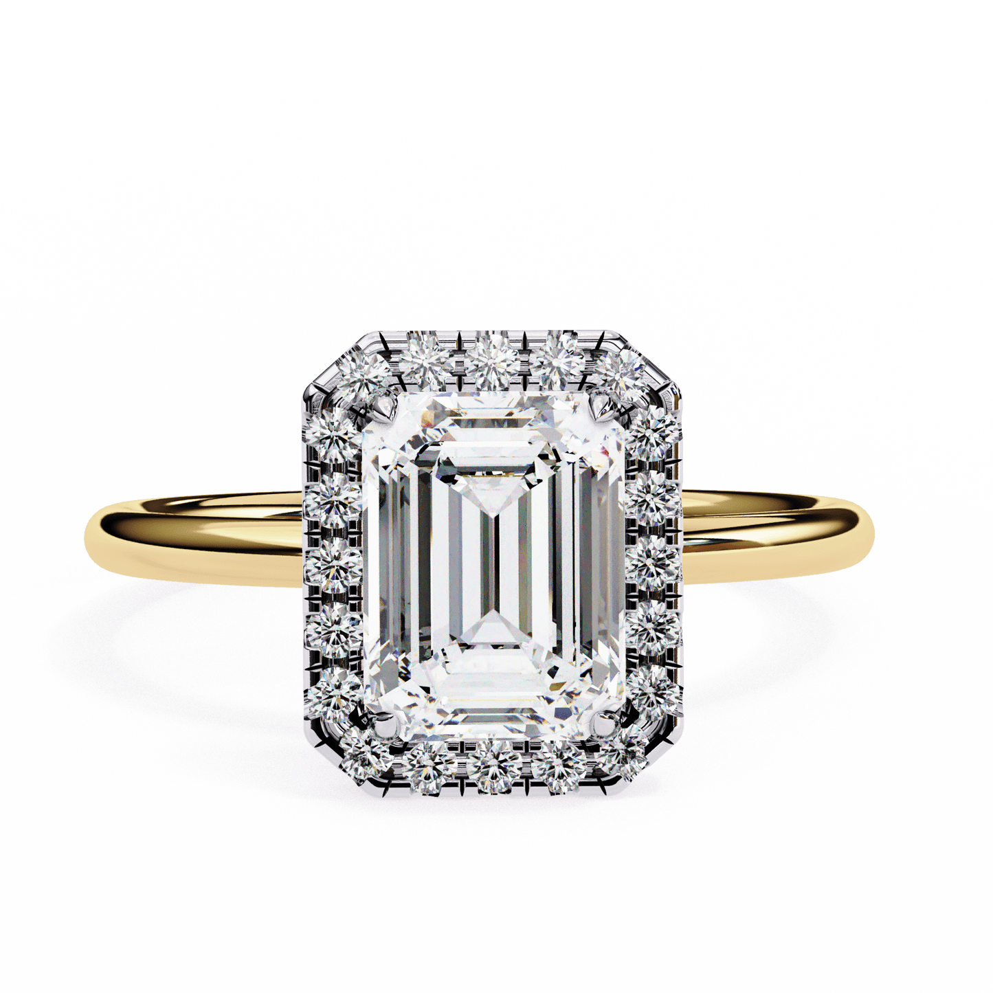 1.20 carat emerald cut halo diamond engagement ring with round side stones โ elegant bridal jewelry