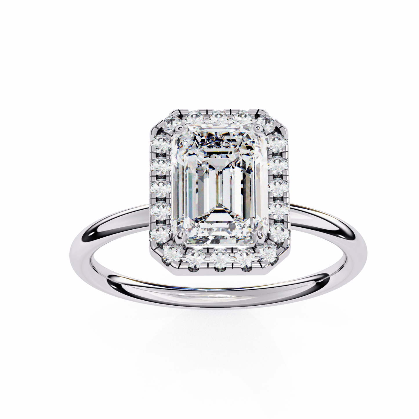1.20 carat emerald cut halo diamond engagement ring with round side stones โ elegant bridal jewelry