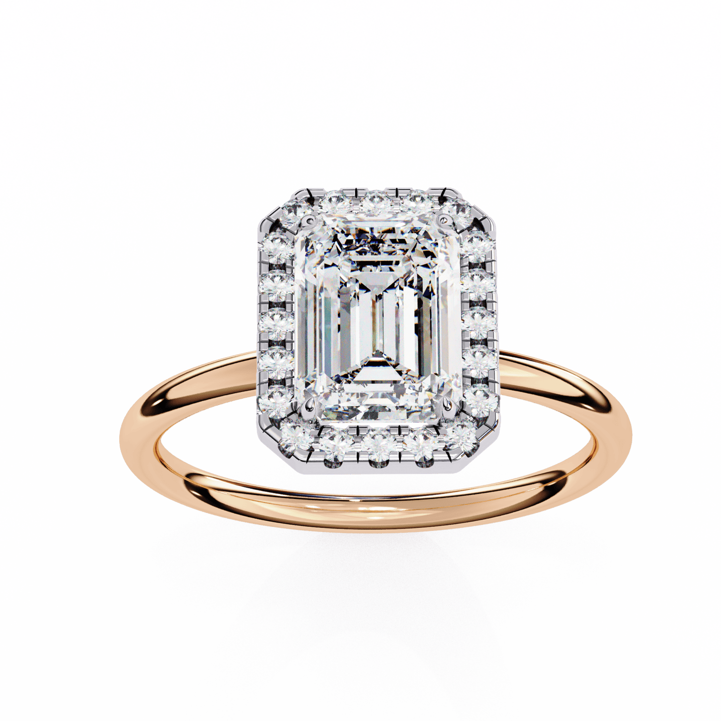 1.20 carat emerald cut halo diamond engagement ring with round side stones โ elegant bridal jewelry