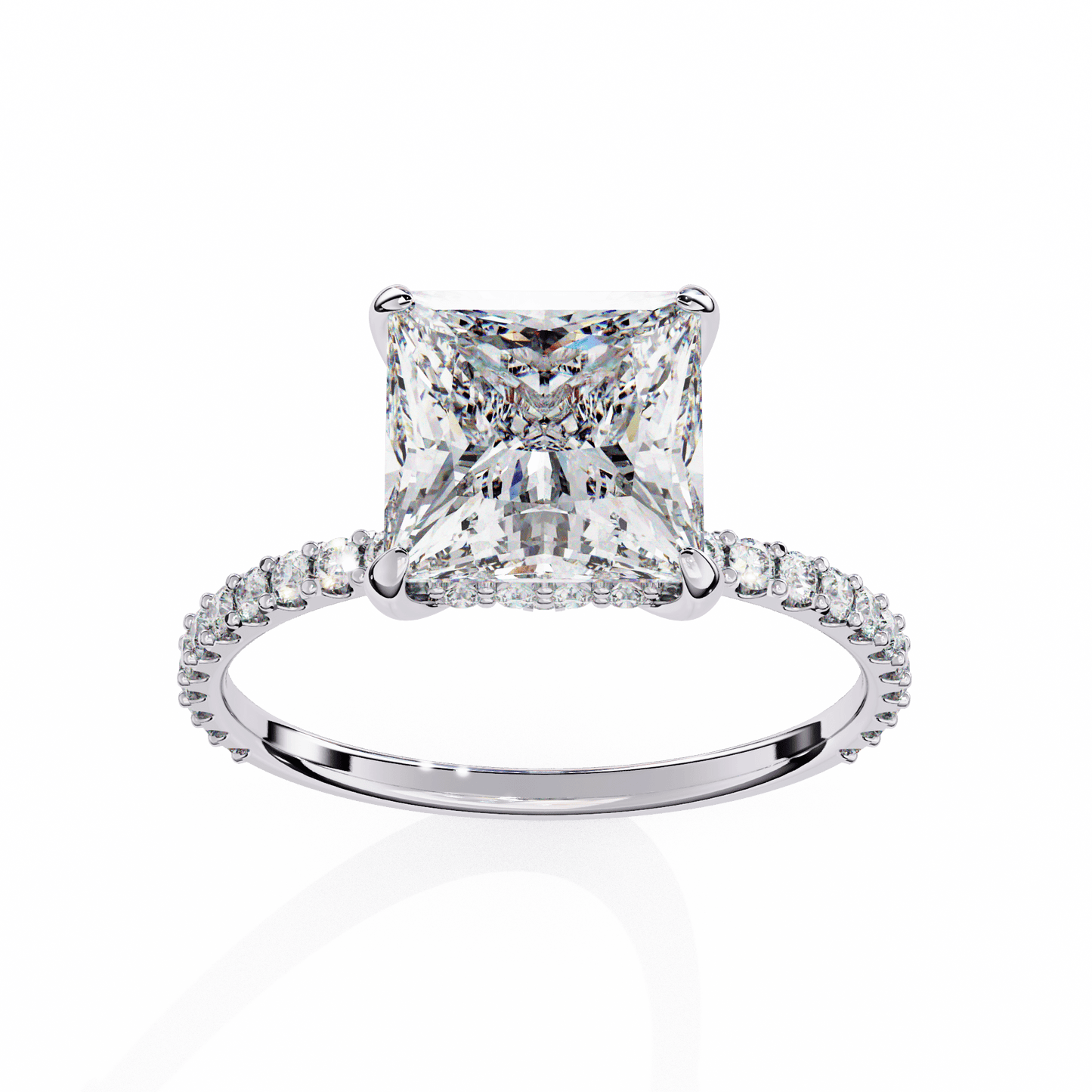 2.52 carat princess cut hidden halo diamond engagement ring with round side stones – elegant bridal ring
