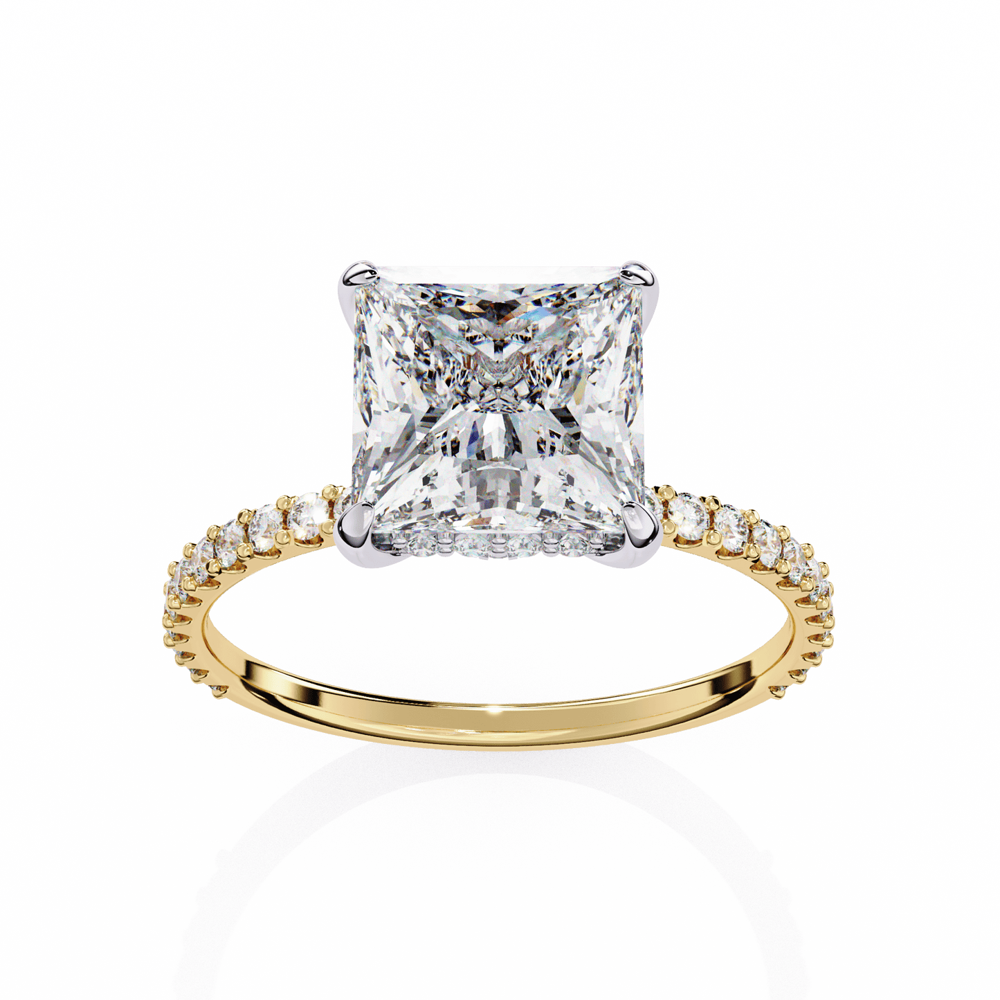 2.52 carat princess cut hidden halo diamond engagement ring with round side stones – elegant bridal ring