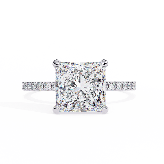 2.52 Carat Princess Cut Hidden Halo Diamond Engagement Ring with Round Side Stones – Elegant Bridal Ring