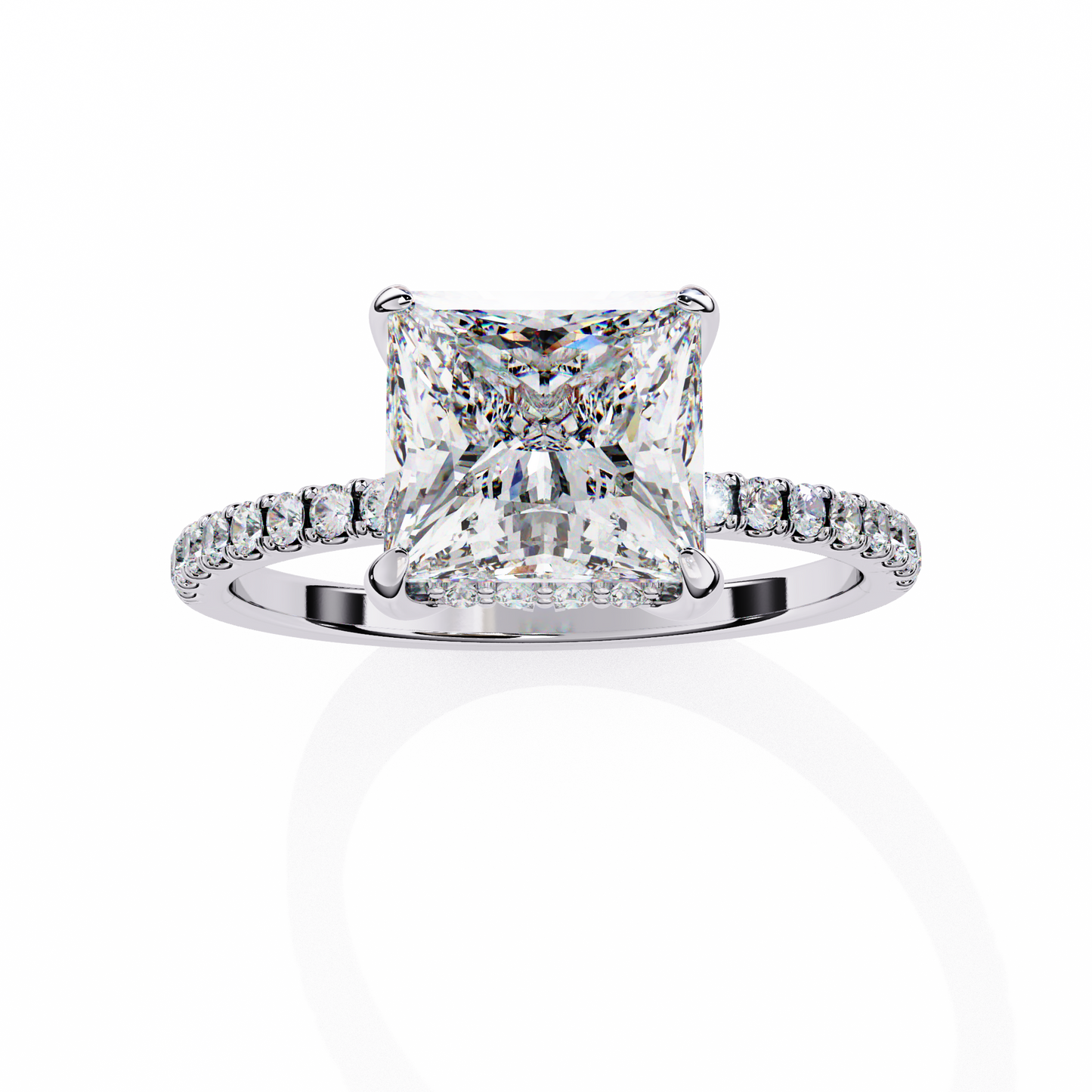 2.34 carat princess cut hidden halo diamond engagement ring with round side stones- luxury diamond jewelry