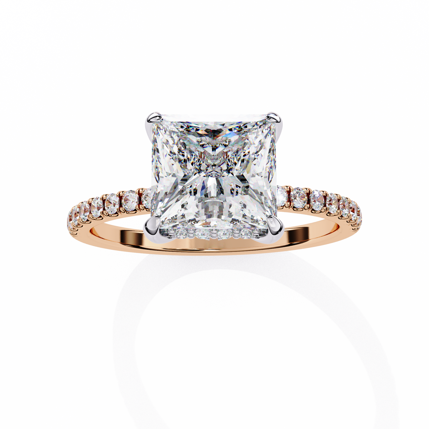 2.34 carat princess cut hidden halo diamond engagement ring with round side stones- luxury diamond jewelry
