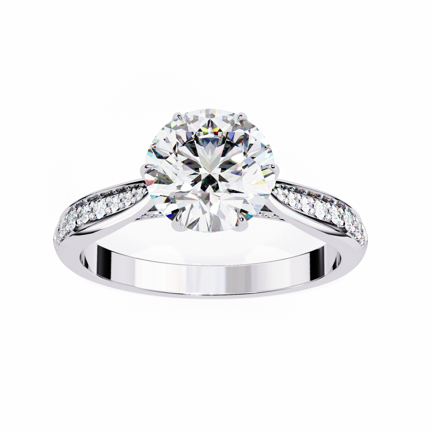 1.34 carat round cut hidden halo diamond engagement ring with round side stones – elegant bridal jewelry
