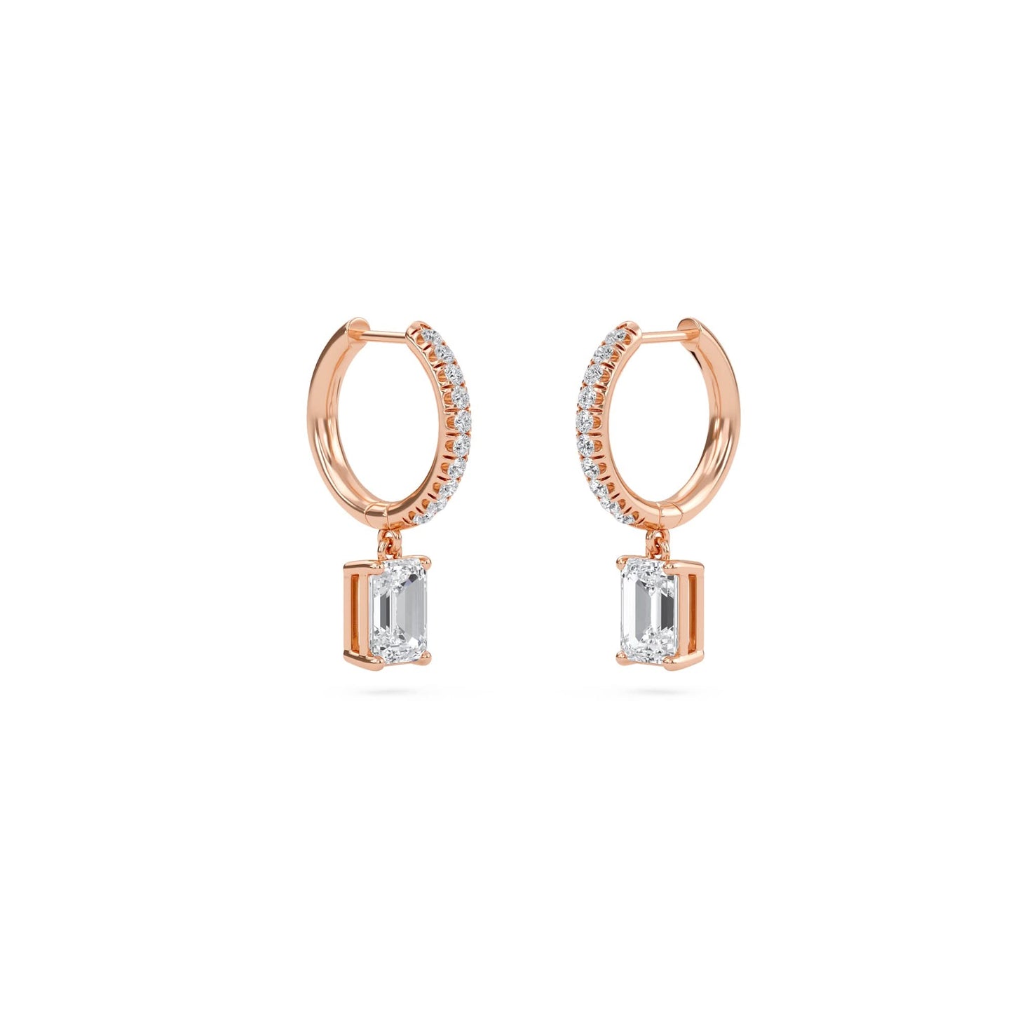 1.40 carat emerald cut diamond drop hoop earrings with round side stones – elegant fine jewelry