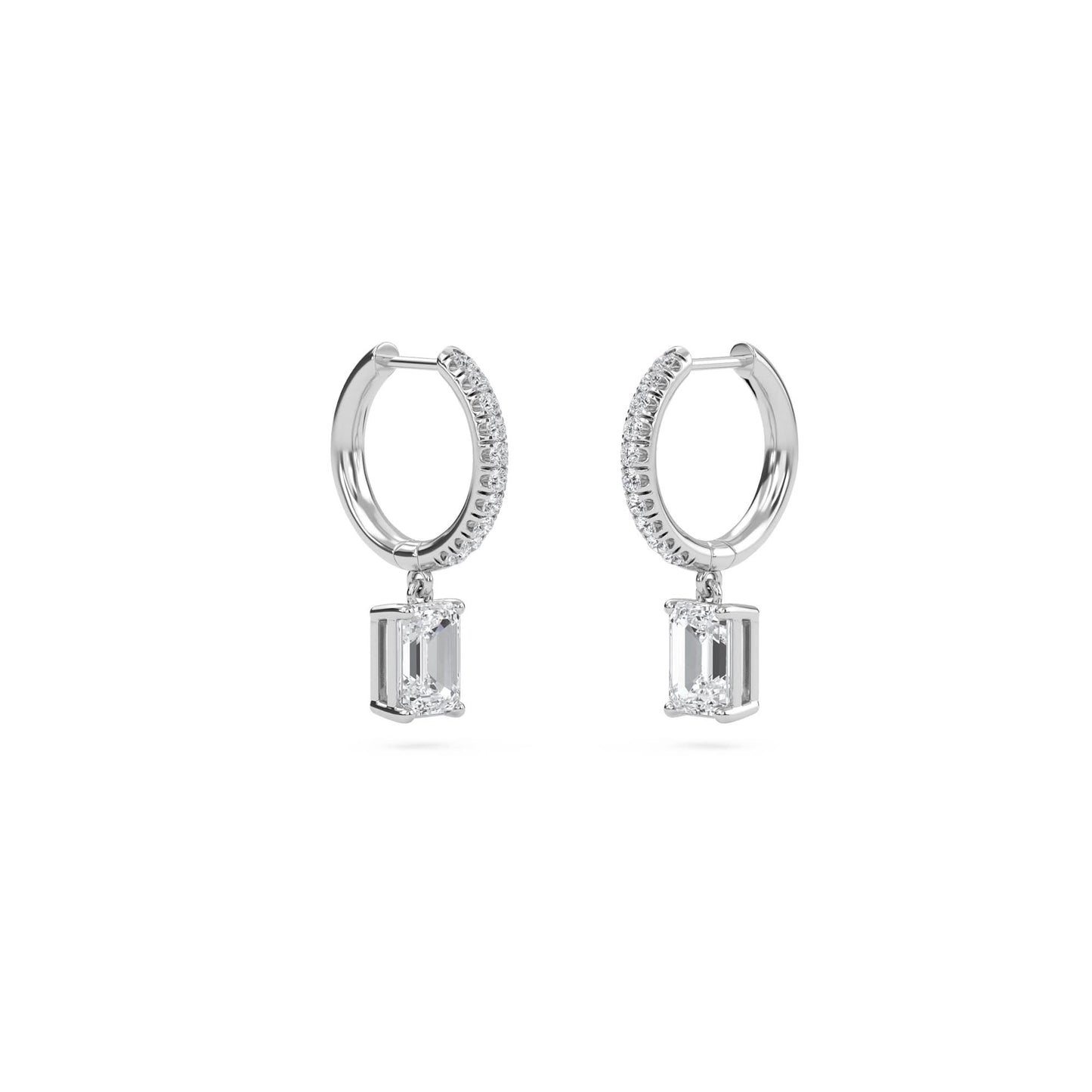 1.40 carat emerald cut diamond drop hoop earrings with round side stones – elegant fine jewelry