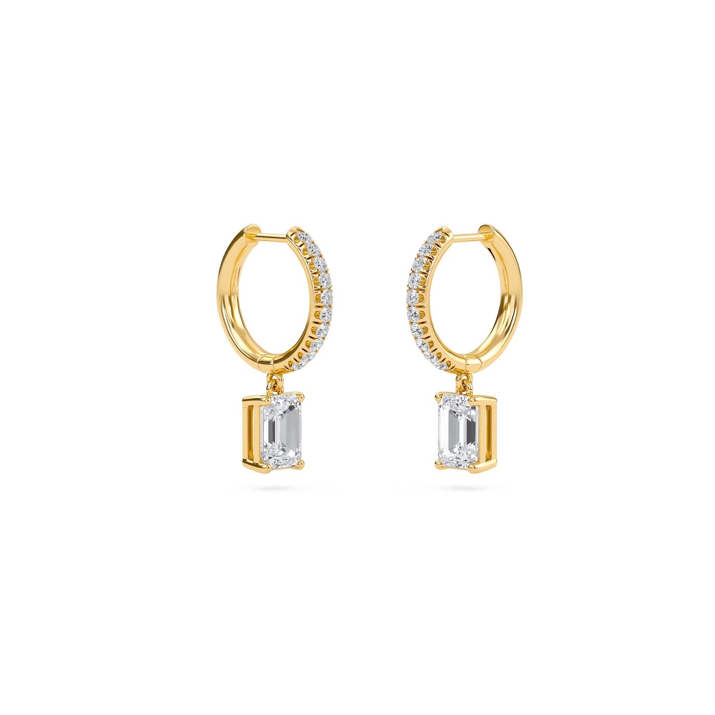 1.40 carat emerald cut diamond drop hoop earrings with round side stones – elegant fine jewelry