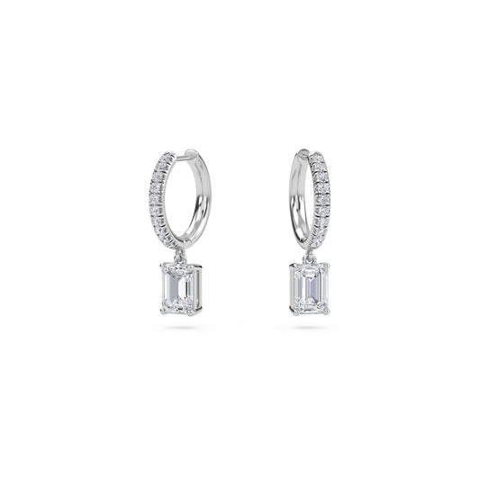 1.40 Carat Emerald Cut Diamond Drop Hoop Earrings with Round Side Stones – Elegant Fine Jewelry