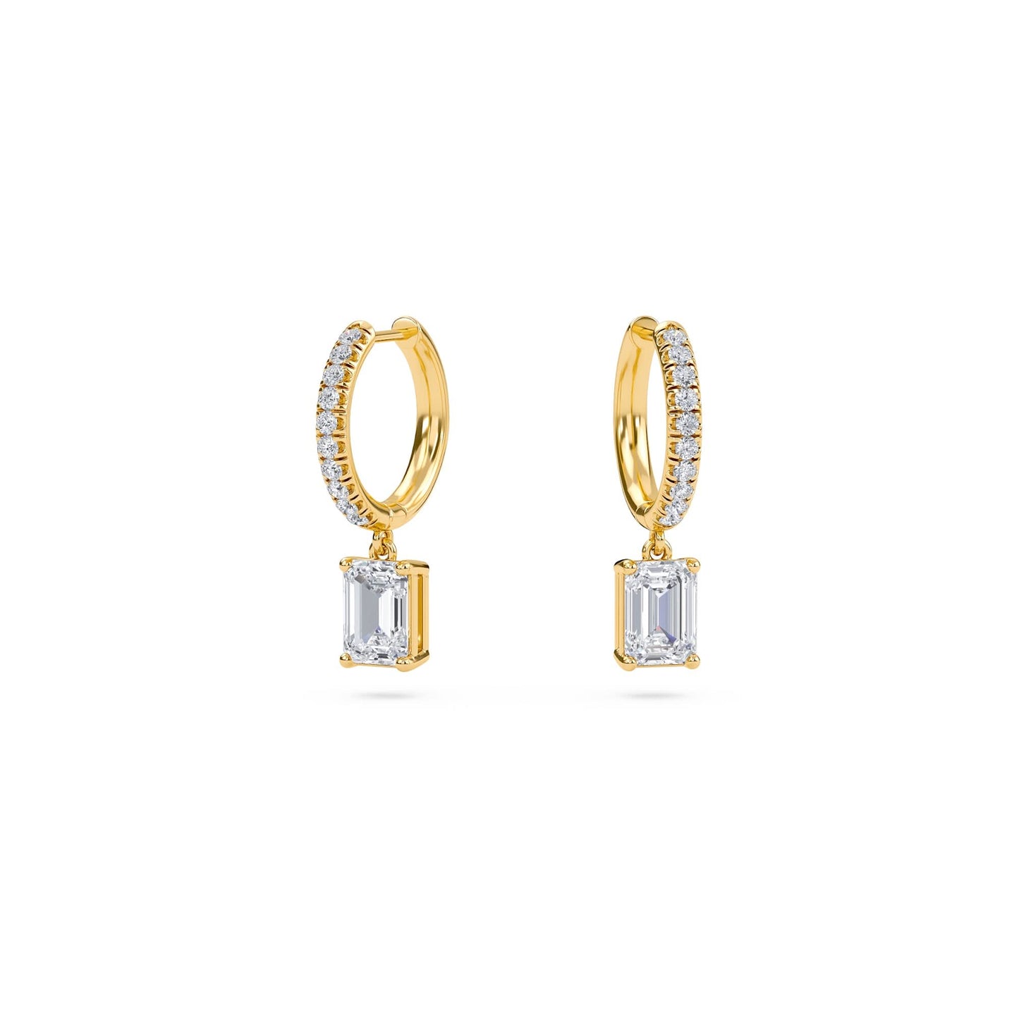 1.40 carat emerald cut diamond drop hoop earrings with round side stones – elegant fine jewelry