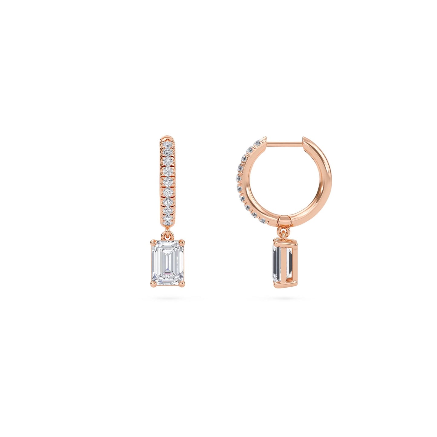 1.40 carat emerald cut diamond drop hoop earrings with round side stones – elegant fine jewelry