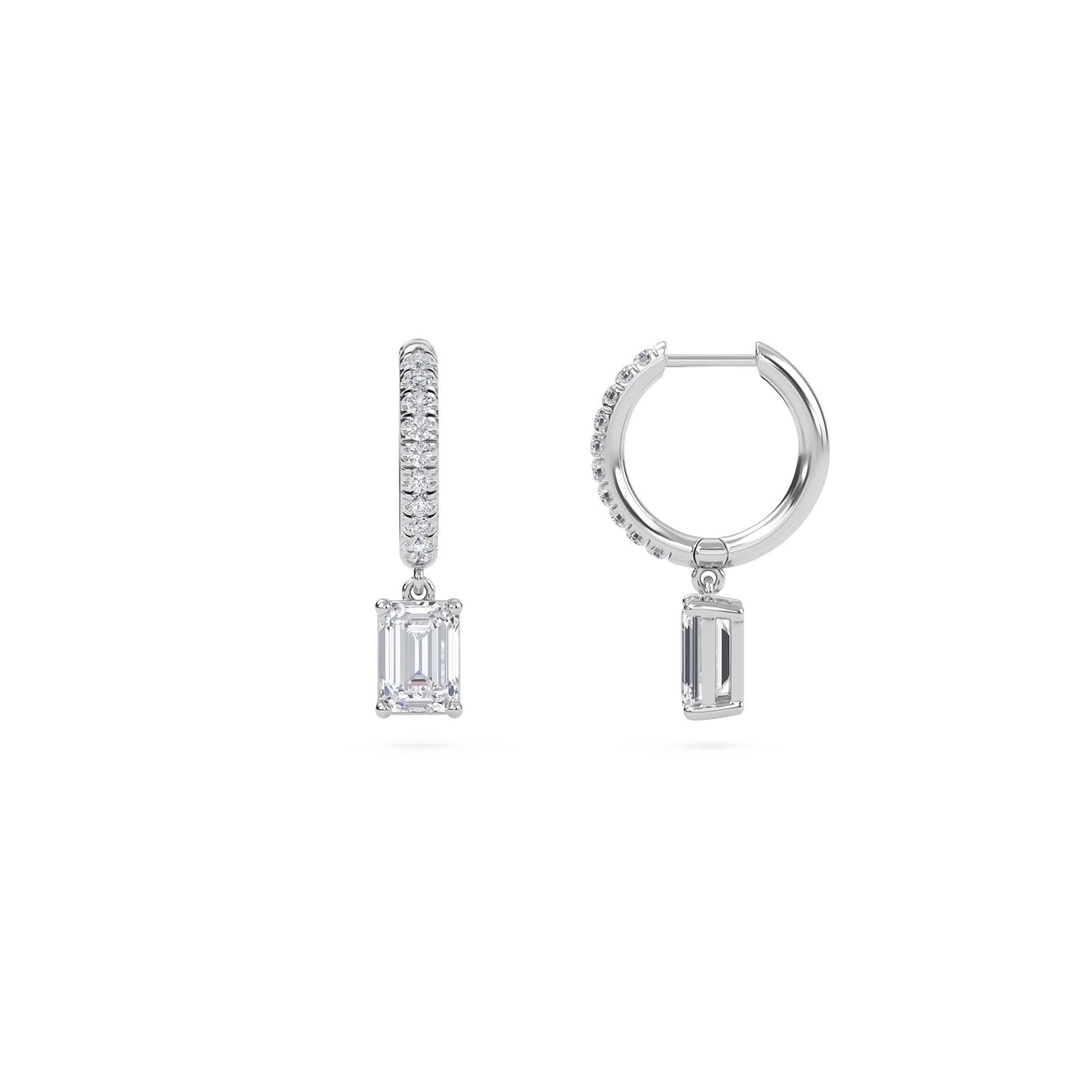 1.40 carat emerald cut diamond drop hoop earrings with round side stones – elegant fine jewelry